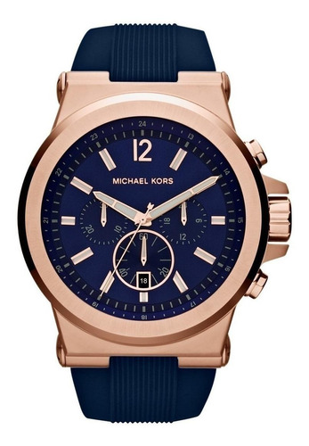 Relógio de pulso Michael Kors Dylan MK8295 com corpo ouro rosa,  analógico, para masculino, fundo  azul, com correia de silicone cor azul, agulhas cor ouro rosa e branco, subdials de cor ouro rosa e branco, subesferas cor azul e ouro rosa, ponteiro de minutos/segundos cinza, bisel cor ouro rosa e fivela simples