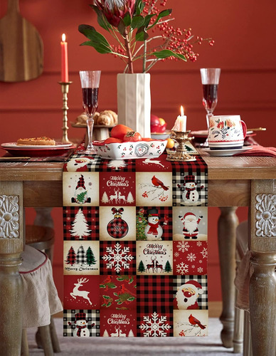Table Runner Gnomes Snowman, Camino De Mesa De Lino Rojo, S