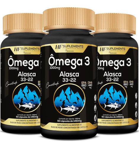 3x Omega 3 Alasca 33/22 Concentrado Sem Sabor 60caps