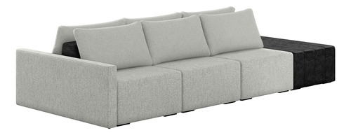 Sofá Ilha Modular Para Sala 342cm com Puff Dublin K01 Linho Cinza e Sintético Preto
