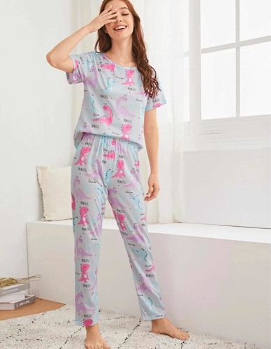 Pj028 Pijama De Pantalon Estampado De Dinosaurios 