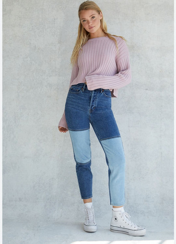 Pacsun Jeans Pachwork Rectos Tiro Alto Azul Claro Mujer (Usado)