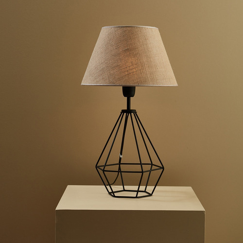 Lampara De Mesa Velador Hierro Estilo Industrial Fabrica Led Estructura Negro Pantalla Natural