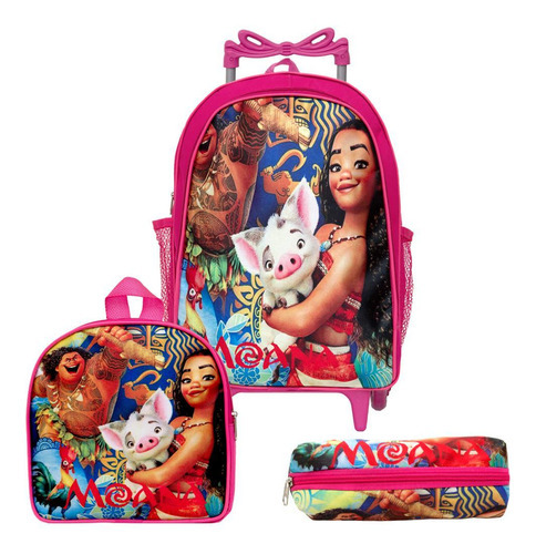 Mochila Infantil De Rodinhas Menina Moana Lancheira Estojo