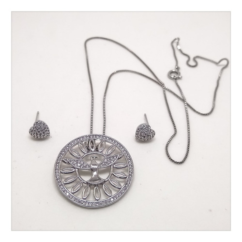 Conjunto Colar E Brinco Espírito Santo E Coração Banho Ródio