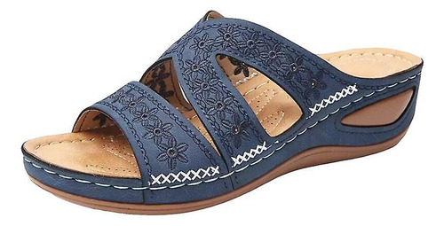 Sandalias De Cuña De Cuero Vintage Orthopedic Comfort Azul