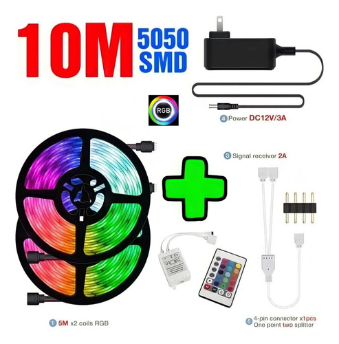 Kit Tira Led Rgb 5050 10 Metros Gamer Control Decoración Rgb