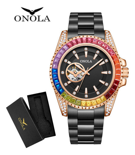 Reloj mecánico Onola Luxury Rainbow Diamond, color del bisel: negro, rosa negra