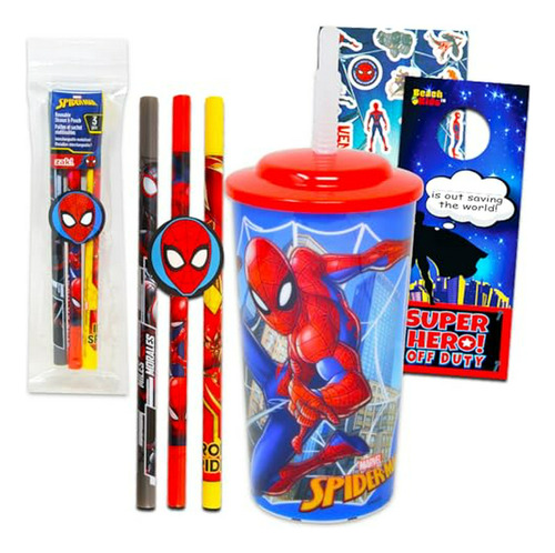 Set Spiderman Para Niños: Vaso Con Tapa, Pajitas, Pegatinas.