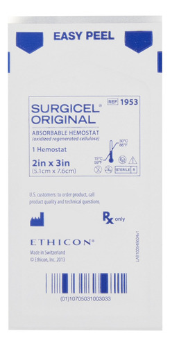 Surgicel Ethicon 5.1 X 7.6 Cm. Hemostatico Absorbible