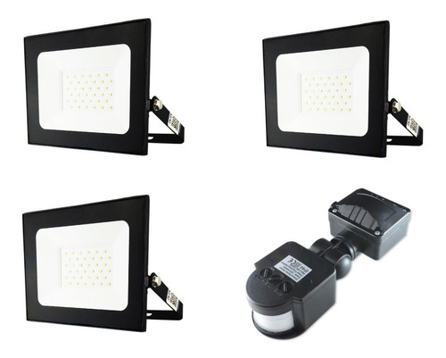 3 Focos Reflector Led 30w + 1 Sensor De Movimiento 220v