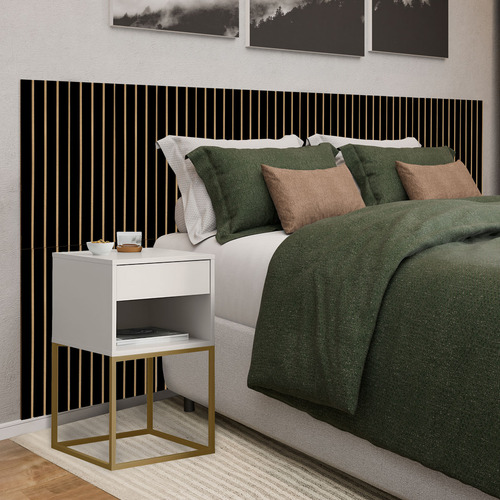 Cabeceira ripada casal queen king com 2 mesas de cab 1 gavt cor preto off white dourado lh móveis