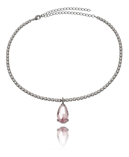 Choker Riviera Pingente Gota Rosa Semijoia Em Ródio Negro