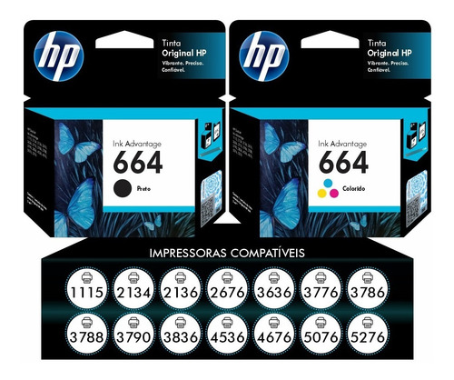 Kit Cartuchos Originais Hp 664 Preto + Color Deskjet 1115 2136 2676 3636 3776 3790 4676