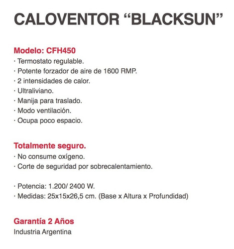 Imagen 4 de 6 de Caloventor Electrico Liliana Blacksun Cfh450 2400w Potente