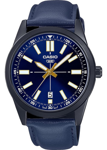 Casio Mtp-vd02bl-2e Hombre Negro Ip Blue Dial Leather Band R