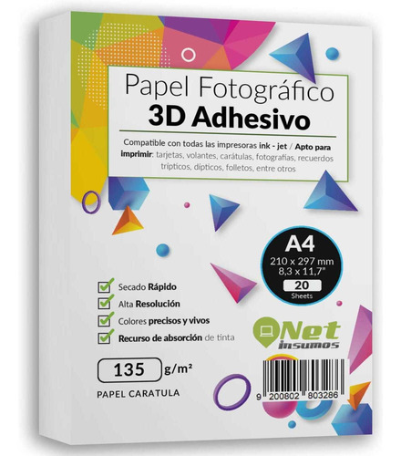 Papel Fotográfico Adhesivo 3d A4 135g Pack 20 Hojas