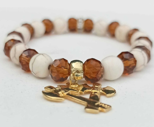 Mix 2 Pulseiras Xangô Cristal Howlita Olho De Tigre Natural Cor Marrom Diâmetro 16 cm