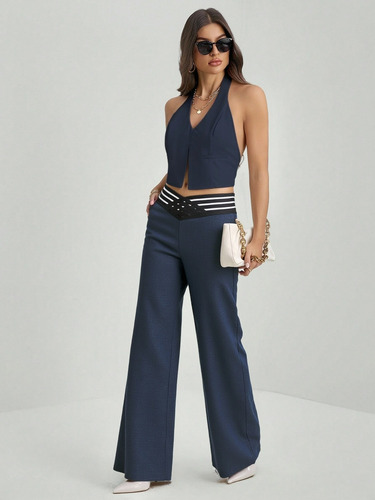 Pantalone Casuales De Pierna Ancha Y Cintura Alta Para Mujer