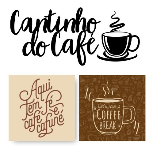 Kit 2 Quadros + Letreiro Cantinho Do Café Em Mdf