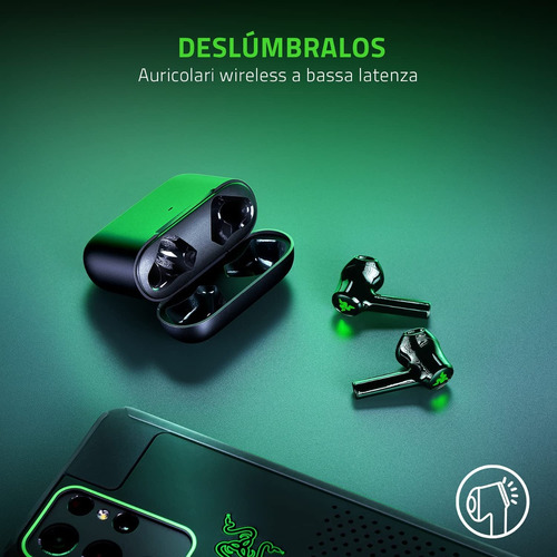 Auriculares in-ear gamer inalámbricos Razer Hammerhead True Wireless X negro con luz verde LED