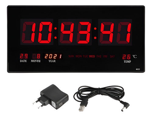 Reloj Digital Pared Luz Led Hora Fecha Temperatura 36x15cm