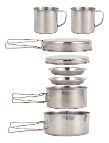 Set De Cocina Para Camping 8pcs, Acero Inoxidable, Ollas, Sa