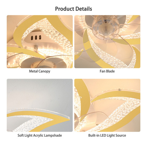 Ventilador De Techo Garwarm Con Lampara LED Abanicos Con Control Remoto 50w Dorado