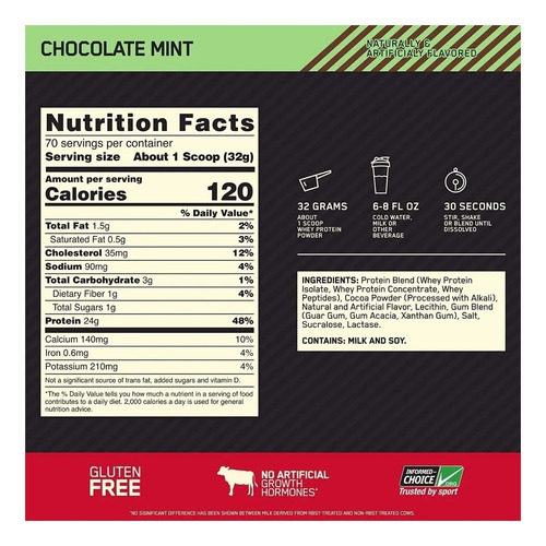 Imagen 2 de 2 de Suplemento en polvo Optimum Nutrition Proteína Gold Standard 100% Whey proteína sabor chocolate mint en pote de 2.22kg