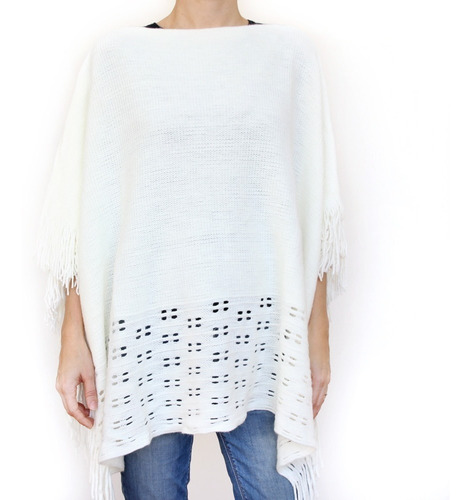 Poncho Sweter Mujer Tejido Calado Lana Blanco Oferta