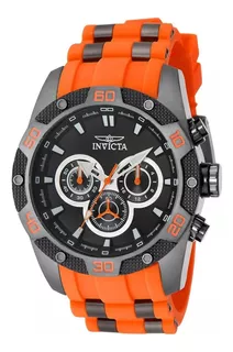 Reloj pulsera Invicta 40051 de cuerpo color gris, analógico, para hombre, fondo negro, con correa de acero inoxidable/silicona color naranja y gunmetal, agujas color plateado y naranja y blanco, dial