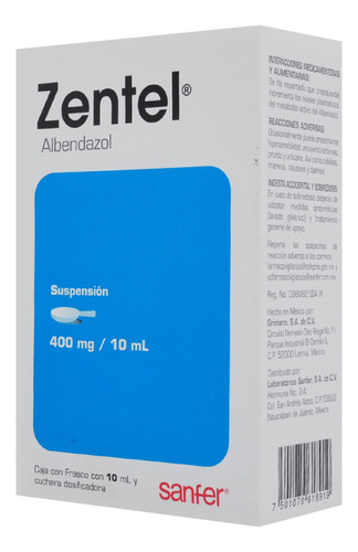 Zentel Suspension 400/10 Mg/Ml Frasco C/10 Ml - LABORATORIOS SANFER,S.A. DE C.V.