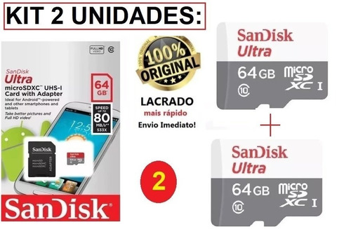 2 Cartão De Memória Rápido Ultra 64gb Class 10 80mbs Sandisk