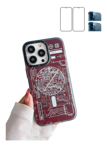 Funda Con Patrón De Circuito Magnético Para iPhone 14 13 12