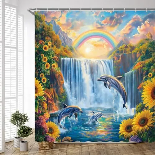 Cortina De Ducha Delfín Tropical 70 X70 Con Ganchos Decorat