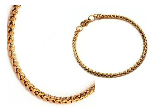 Conjunto Oro 18 Kilates Espiga 50cm X 3mm + Pulsera 19x3 .-