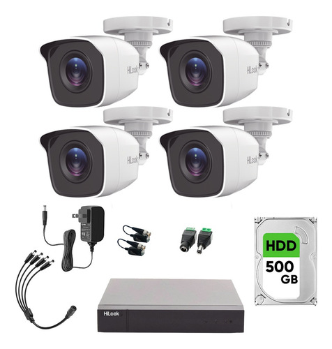 Hilook Kit de Camaras de Seguridad Exterior Video Vigilancia Modelo HL24LQ-PLUS-SC+500 TurboHD 1080p CCTV 4 Cámaras Bala de 2MP Metal H.265+ + 500GB Disco Duro