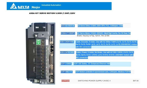 Delta Kit Asda 5.5kw Servo +plc+hmi +fuente 5amp 7.5hp,220