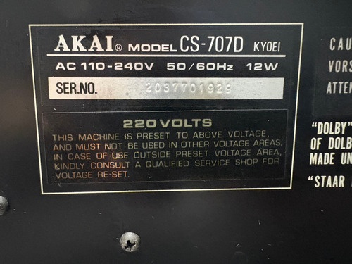 Tape Deck Cassete Akai - Cs 707 D (falta Revisar) (Usado)