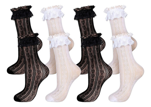 4 Pares Calcetines Encaje Con Volantes Al Tobillo Para Mujer