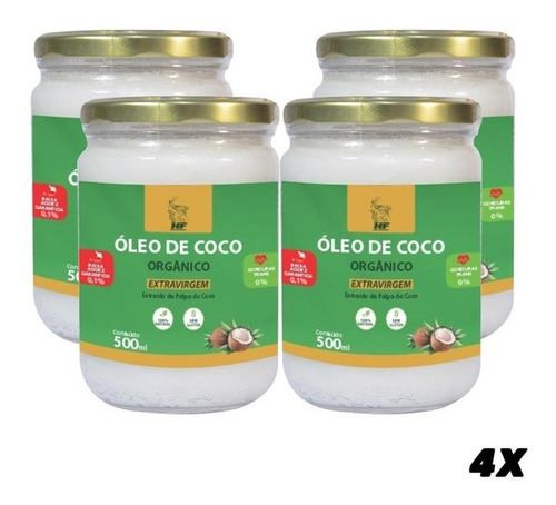 Imagem 1 de 3 de 4x Oleo De Coco 500ml Orgân. Extravirgem Hidrata Cabelo Pele