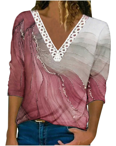 Top R Para Mujer, Casual, Estampado, Cuello En V, Encaje, Ma