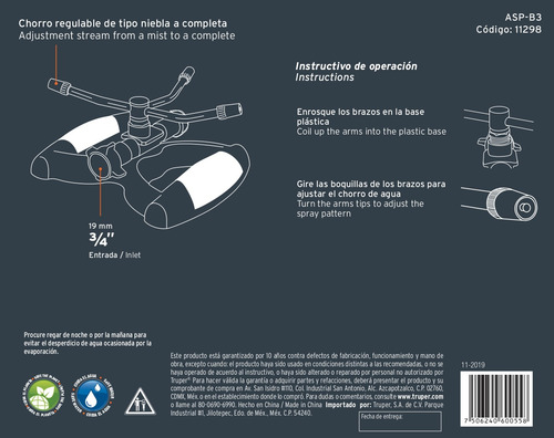 Aspersor Metálico De 3 Brazos Con Base Plástica Truper 11298