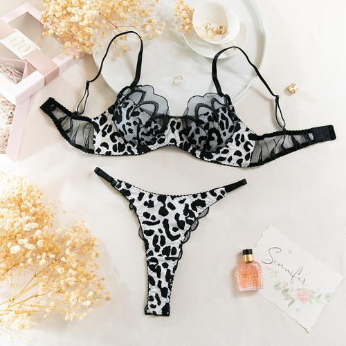 Conjunto De Ropa Interior De Encaje Con Estampado De Leopard