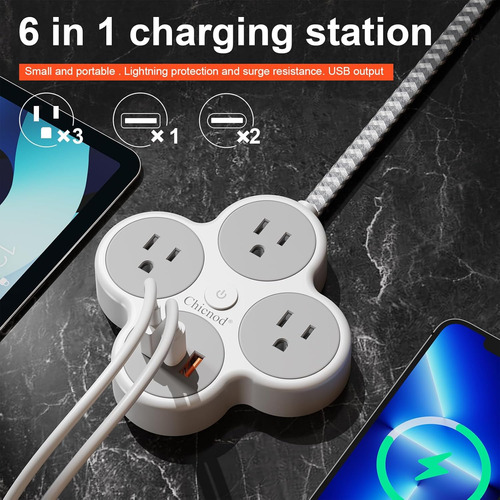 Regleta De Alimentación Pared 6 En 1 Con 3 Salidas Ca, Usb Y