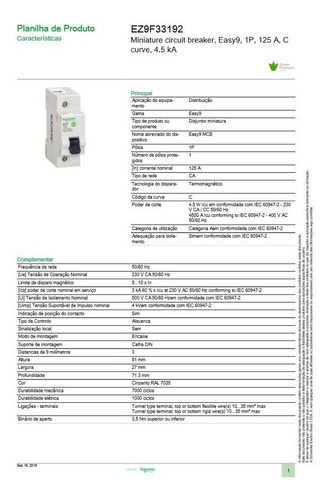 Disjuntor Monopolar Easy9 1p 125a Curva C - 5000a