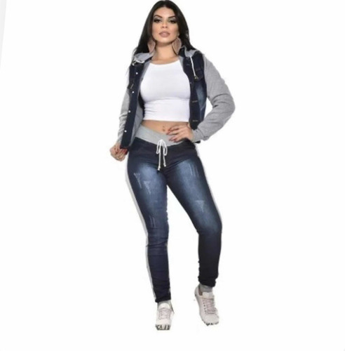 Conjunto  Feminino  Jaqueta   Jeans Com Moletom Mas A Calça 