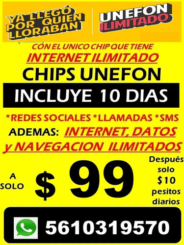 Chip Unefon Ilimitado 20 Dias Internet Full En Todo México