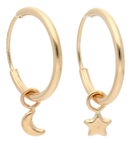 Arracadas Aretes 14.2mm Oro 14k Con Dijes De Luna Y Estrella