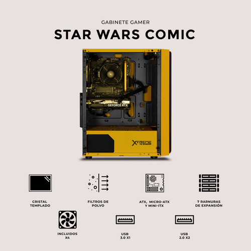 Gabinete Gamer Xtreme Pc Gaming Starwars Comic Edition Media Torre Atx 4 Fan Argb Cristal Templado Amarillo